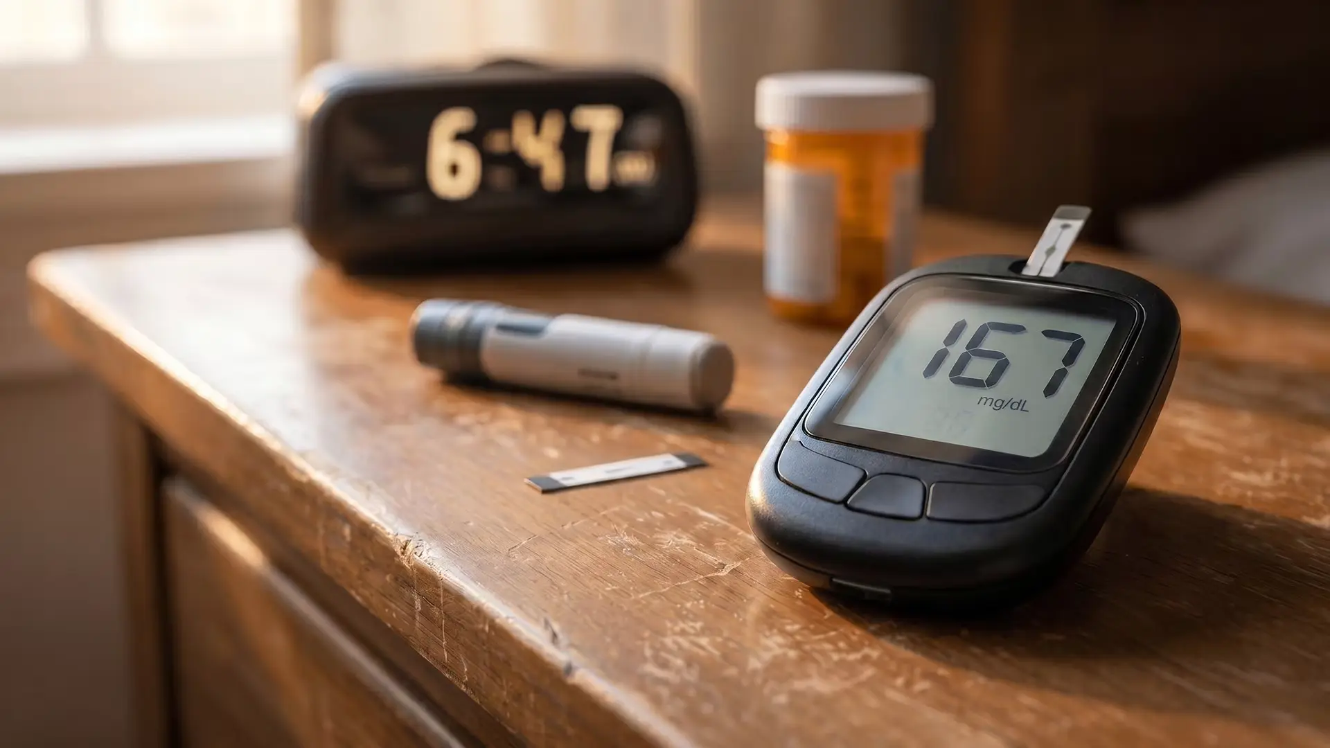 Glucometer on nightstand showing 167