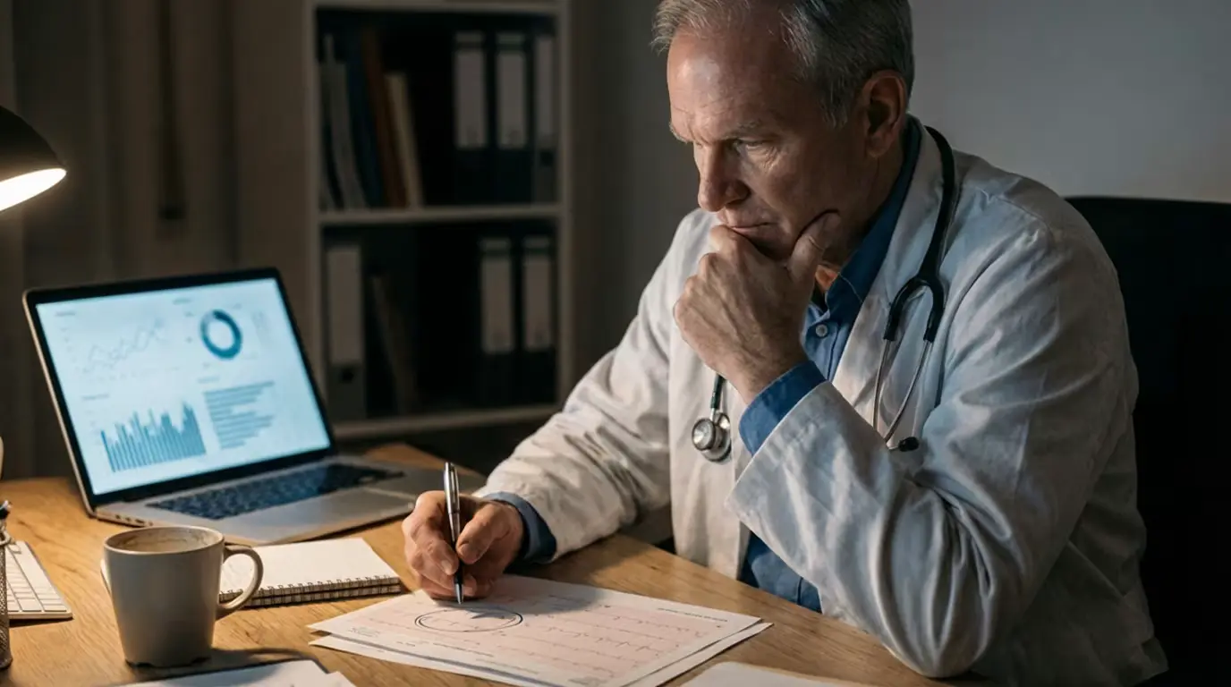 Doctor at desk late at night researching