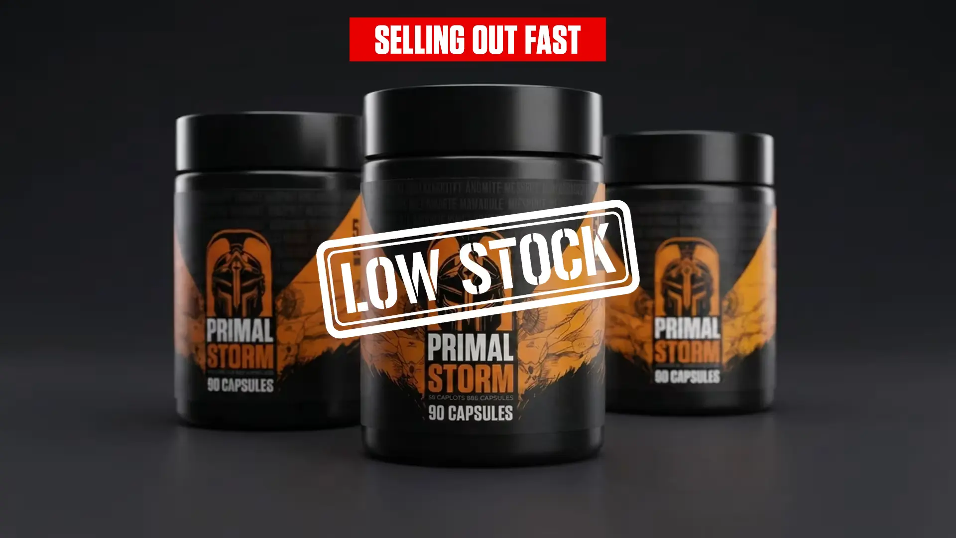 Primal Storm bottles with low stock warning